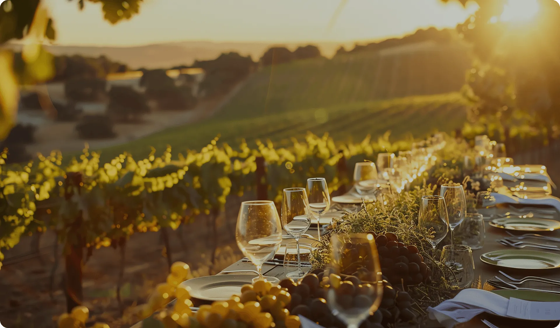 Table dressée pour un événement au cœur des vignes au coucher du soleil