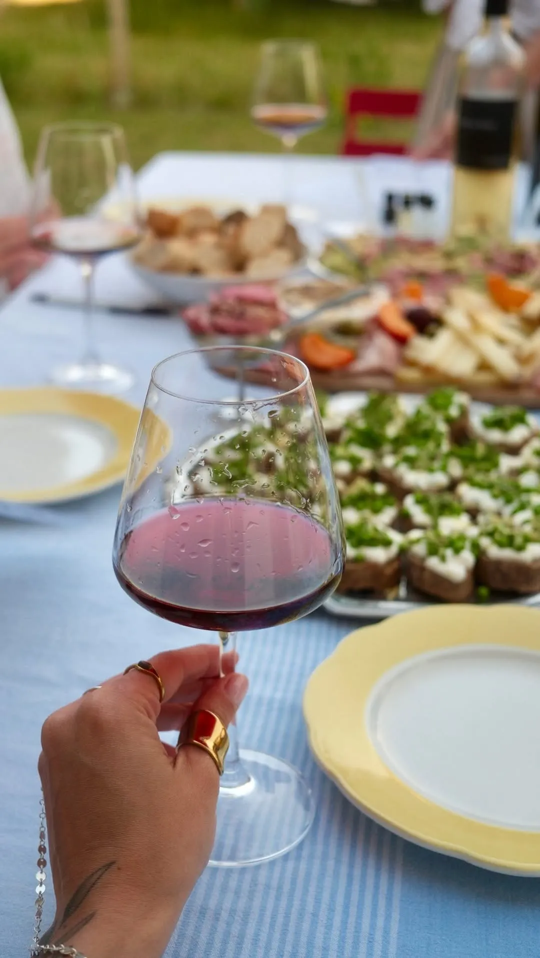Verre de vin rouge à la main devant des planches de produits locaux